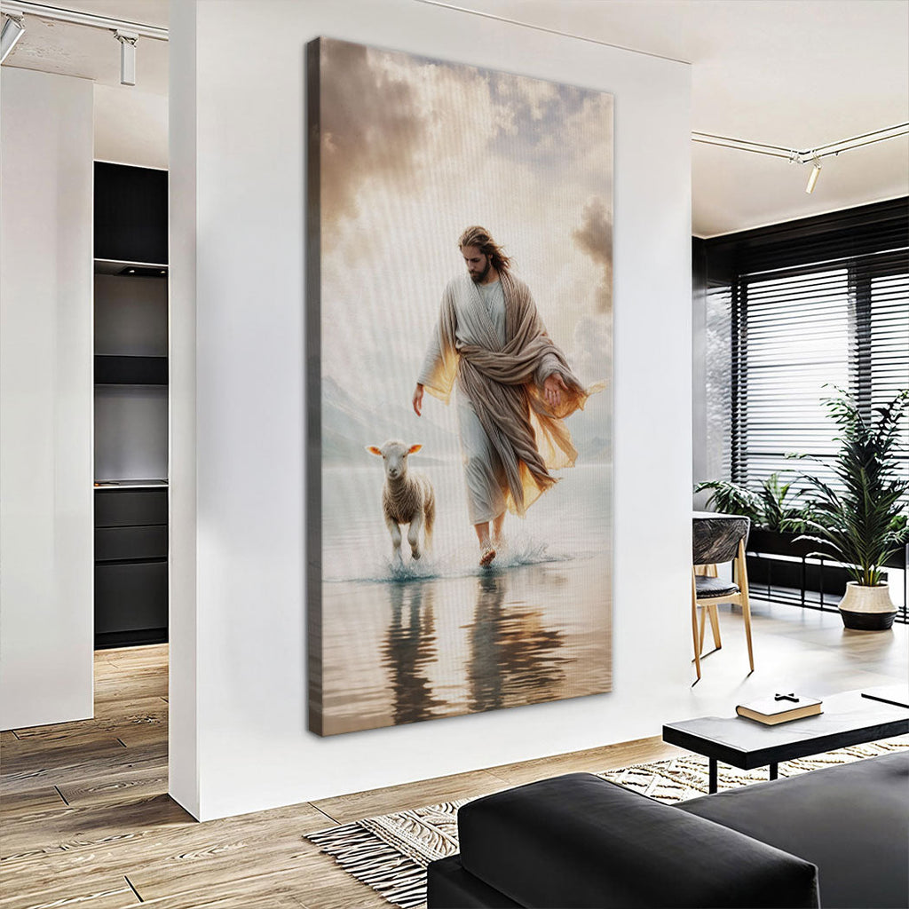 Landscape canvas wall art of Jesus in a robe walking with a lamb in shallow water