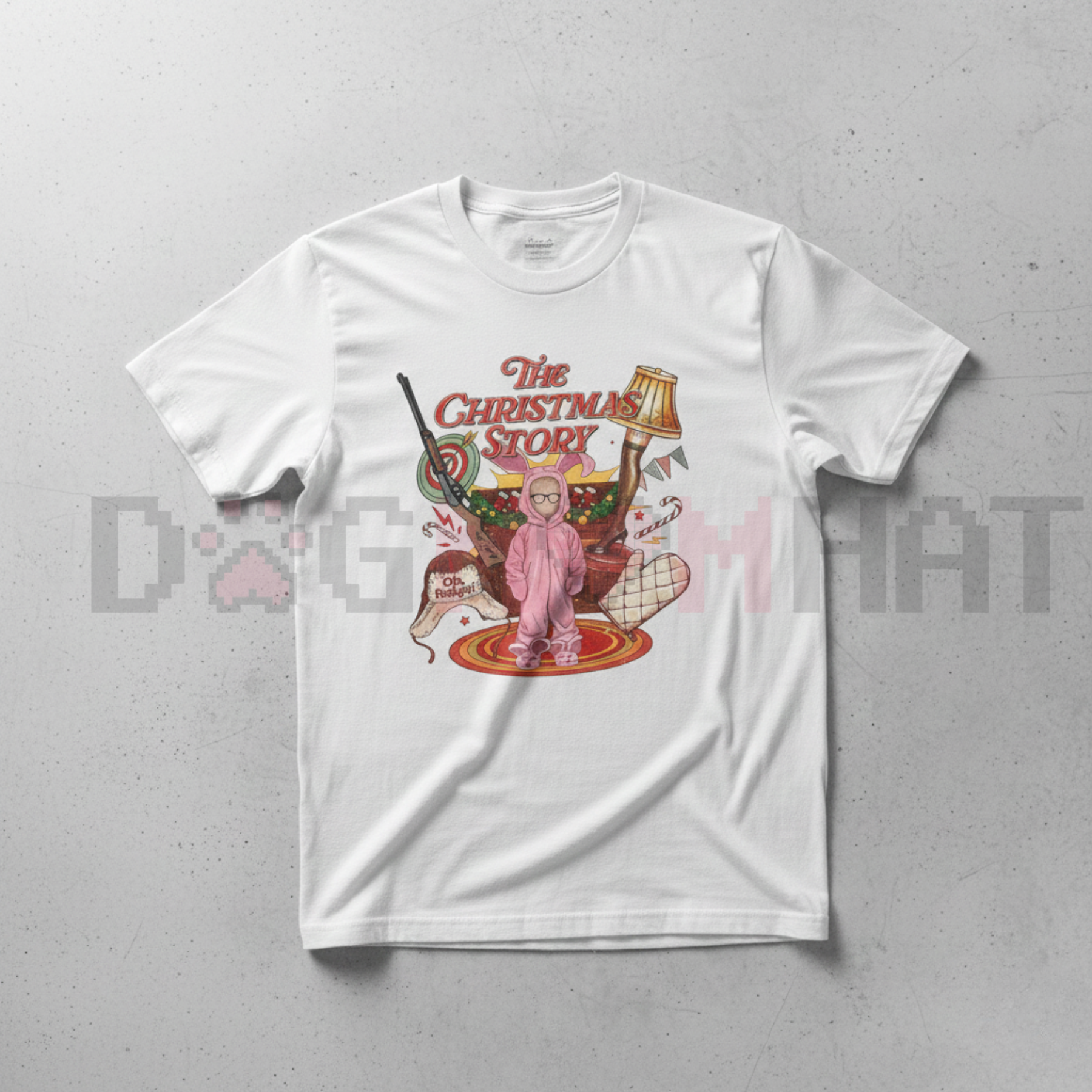 White crewneck graphic tee with colorful vintage-style print on the front.