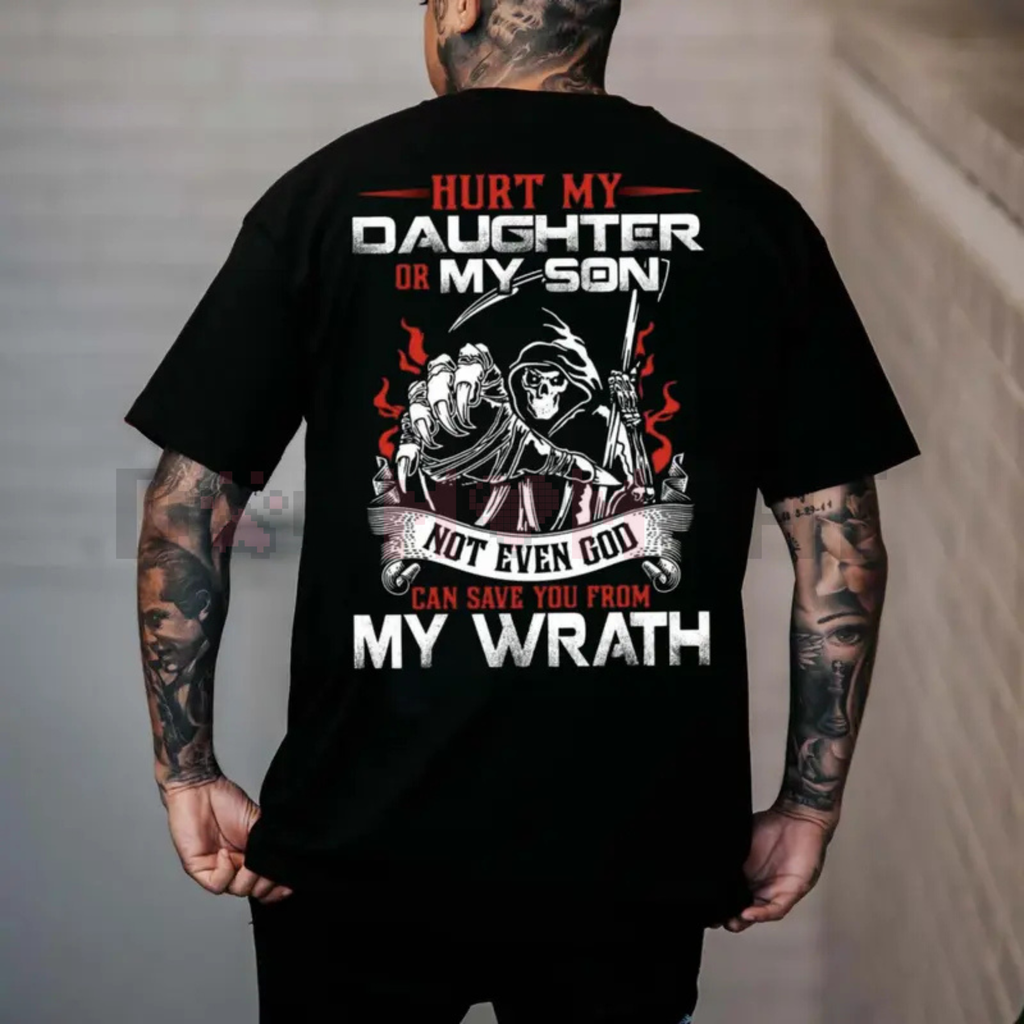 Black graphic dad T-shirt, large back slogan and “my wrath” text