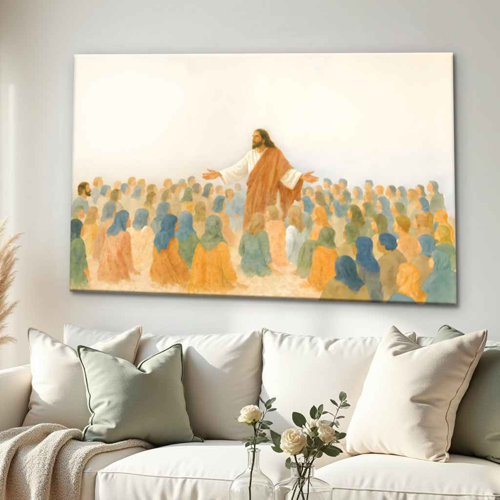 Landscape canvas wall art with Jesus speaking to a crowd, detailed blue figures