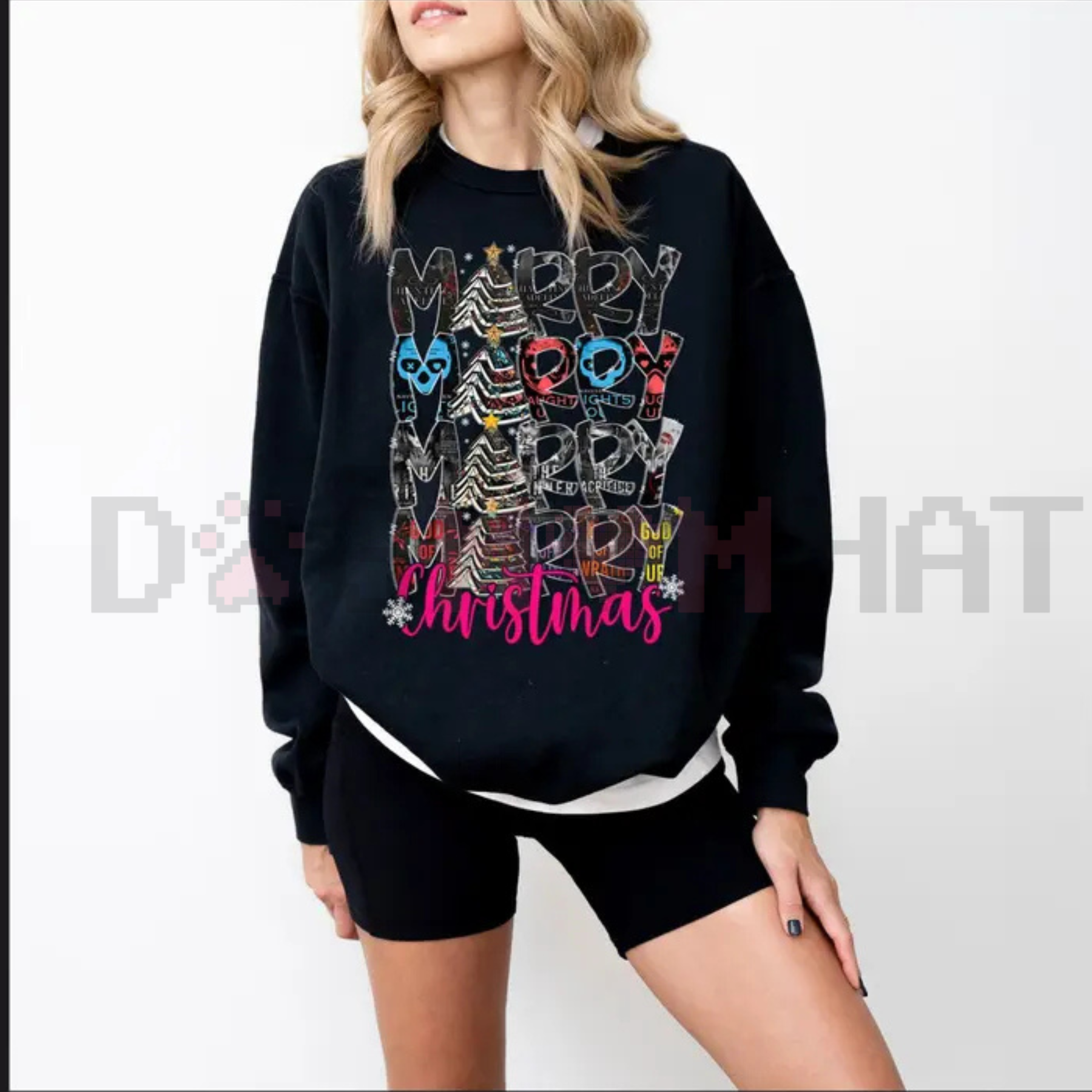 Black crewneck sweatshirt with Merry Christmas graphic, long sleeves