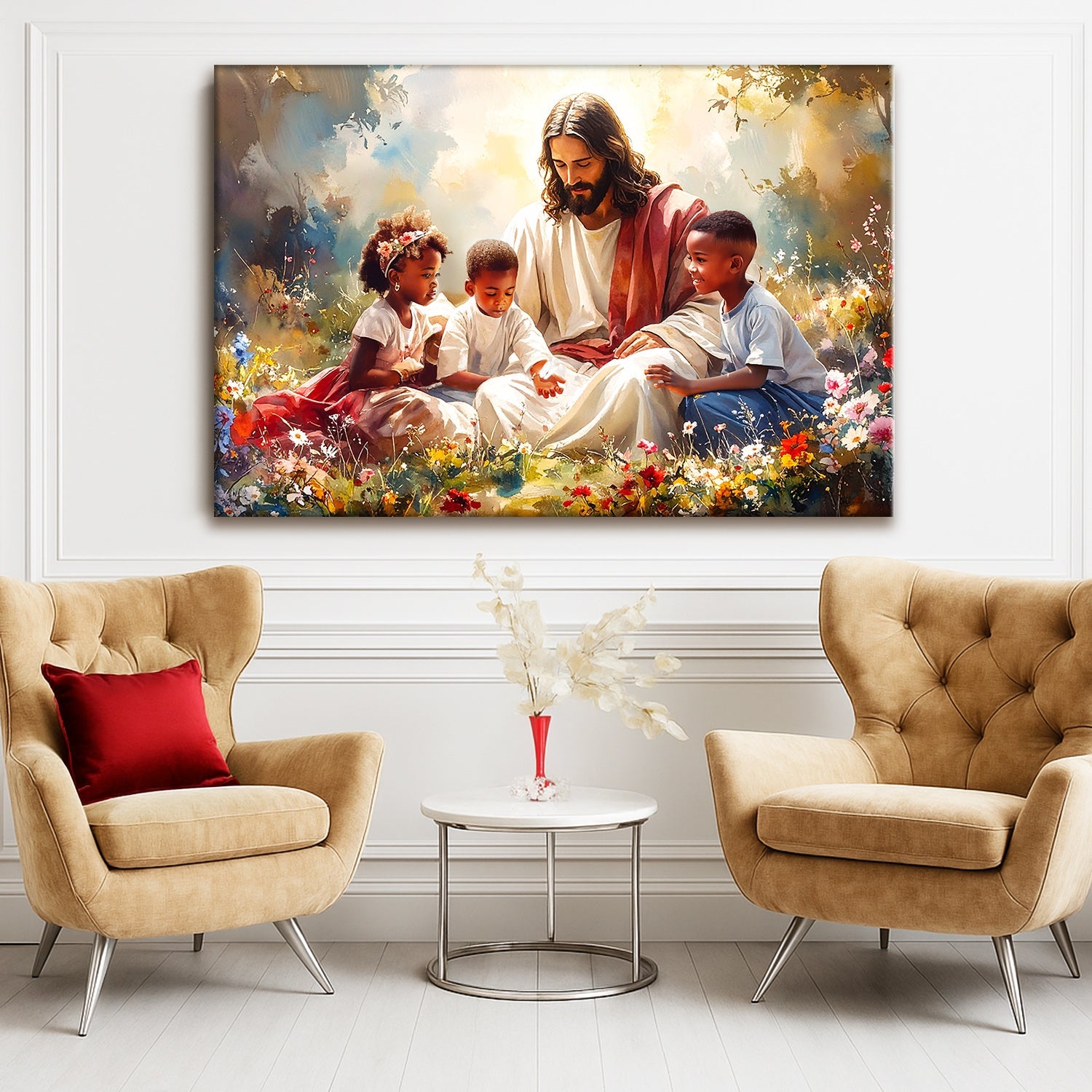 Faith canvas wall art of Jesus holding children, centered above two armchairs.