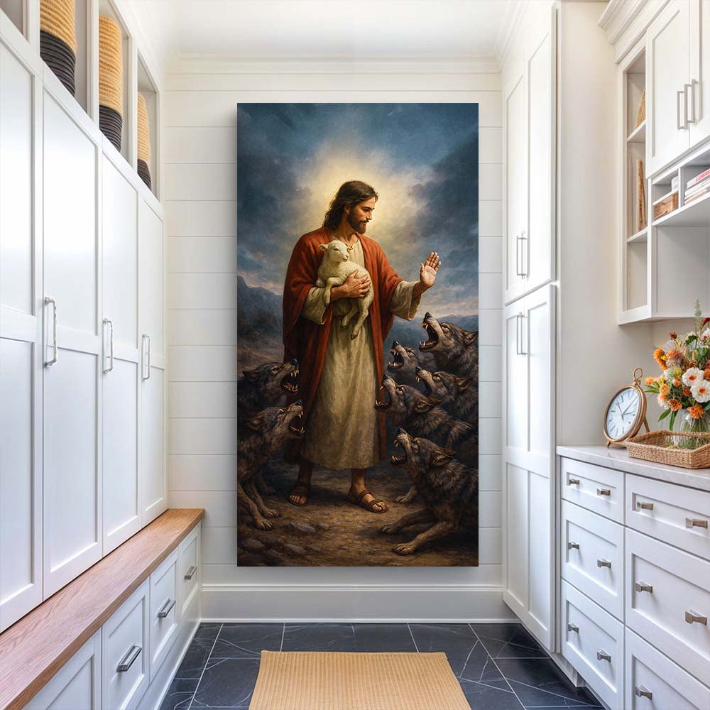 Vertical canvas wall art of Jesus holding a lamb surrounded by wolves