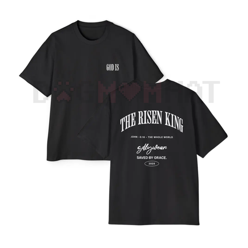 Black crew-neck T-shirt with 'THE RISEN KING' Christian graphic front print