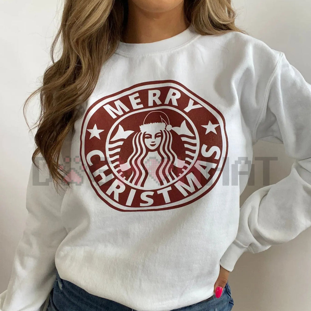 White crewneck sweatshirt with large red “Merry Christmas” graphic emblem
