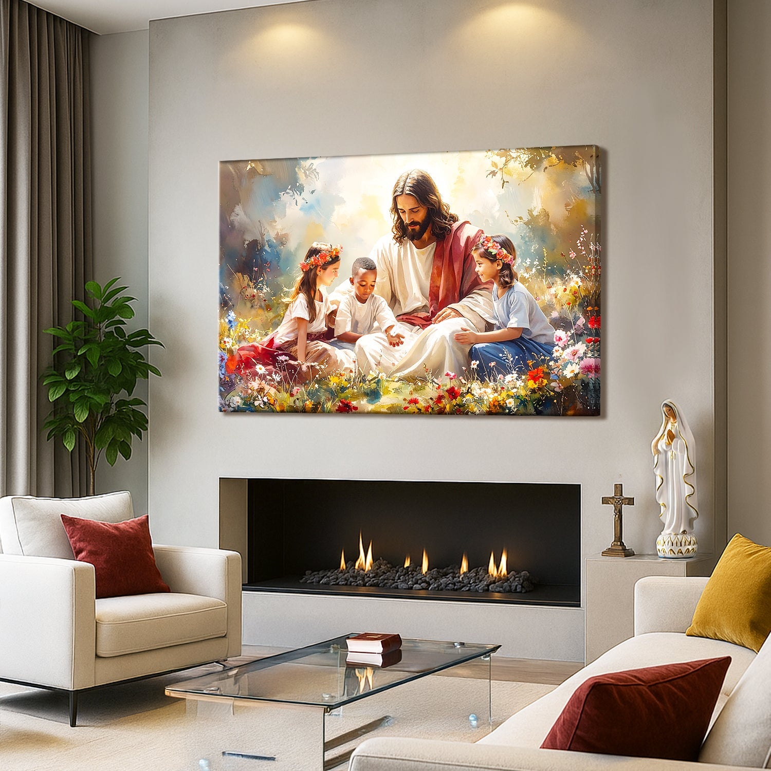 Wall canvas print of Jesus seated with three children in a flower garden