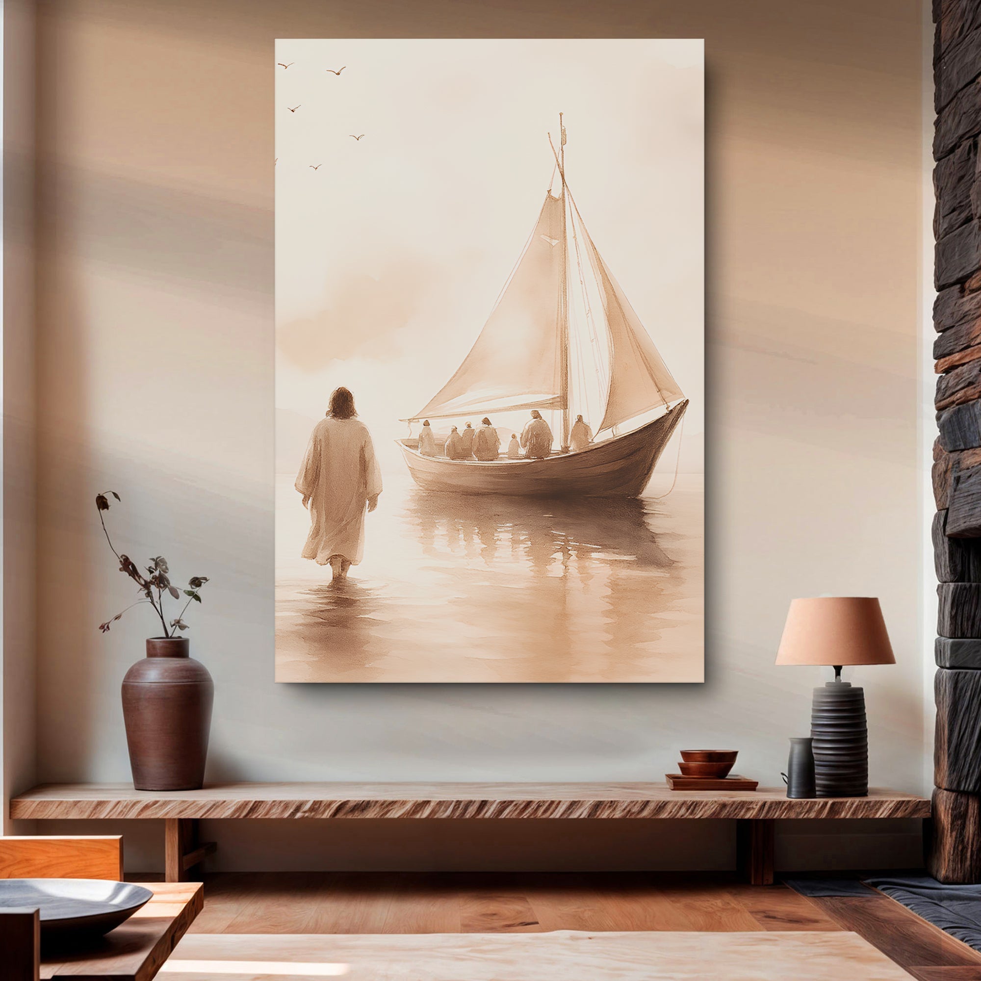 Faith-themed wall art canvas with robed figure walking toward a sailboat on calm water