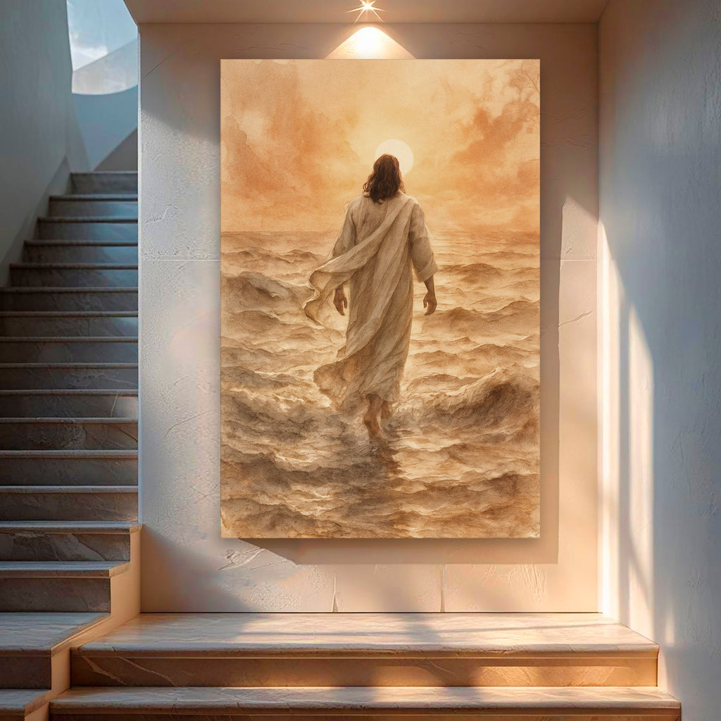 Faith wall art canvas of Jesus walking on water, seen from behind