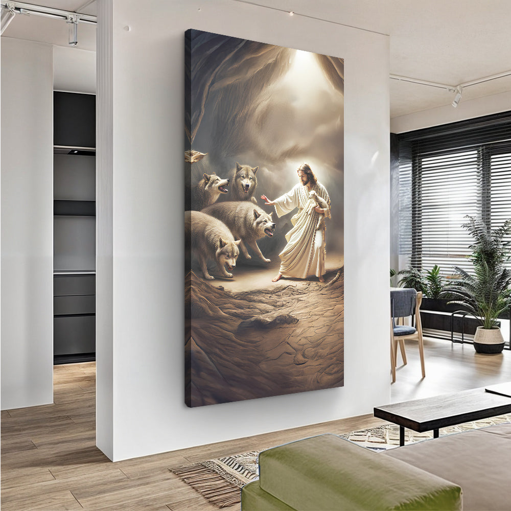 Mounted faith wall art canvas with Jesus among lambs and wolves in a desert scene