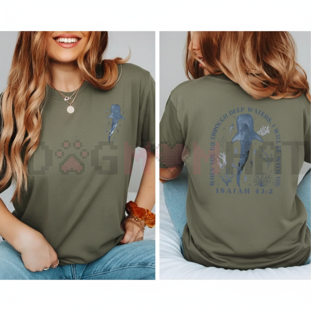 Military green crewneck t-shirt with Isaiah 43:2 back print and dark water silhouettes