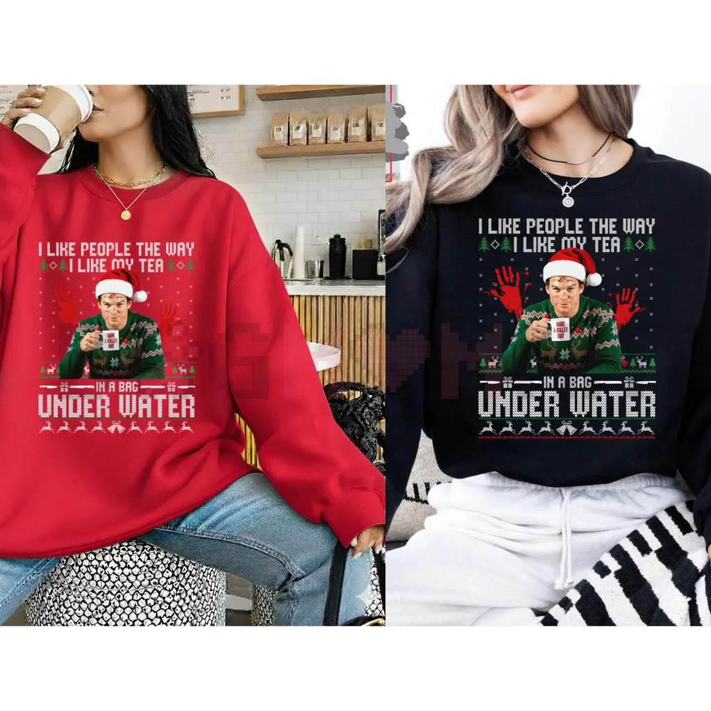 Red and black crewneck sweatshirt shown side-by-side with Under Water holiday print