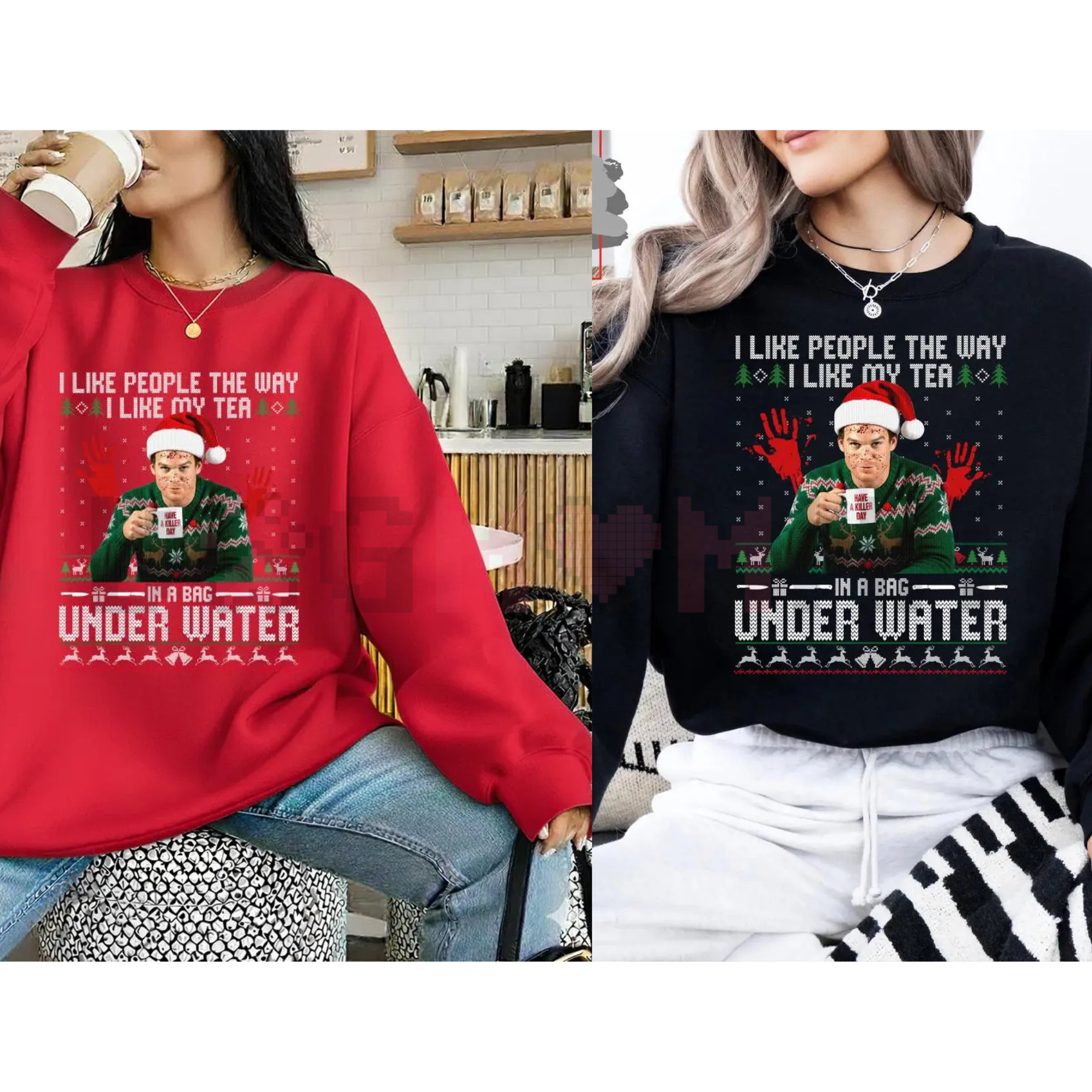Red and black crewneck sweatshirt shown side-by-side with Under Water holiday print