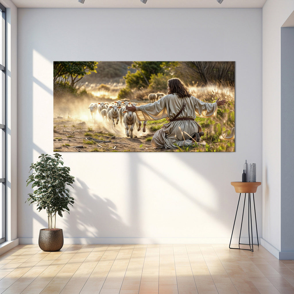 Landscape canvas wall art of a kneeling figure and running sheep in a sunlit path