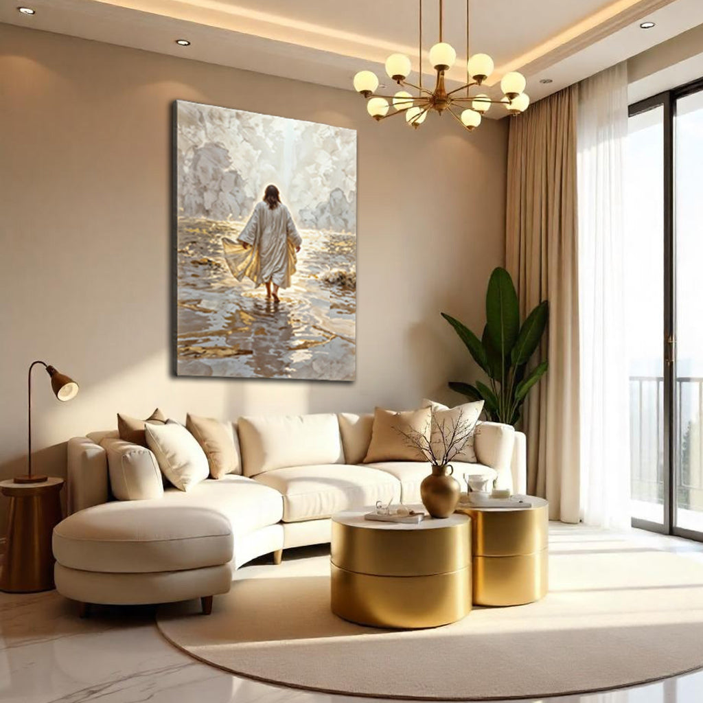 Jesus walking on water canvas wall art with robe-draped figure in reflective waves
