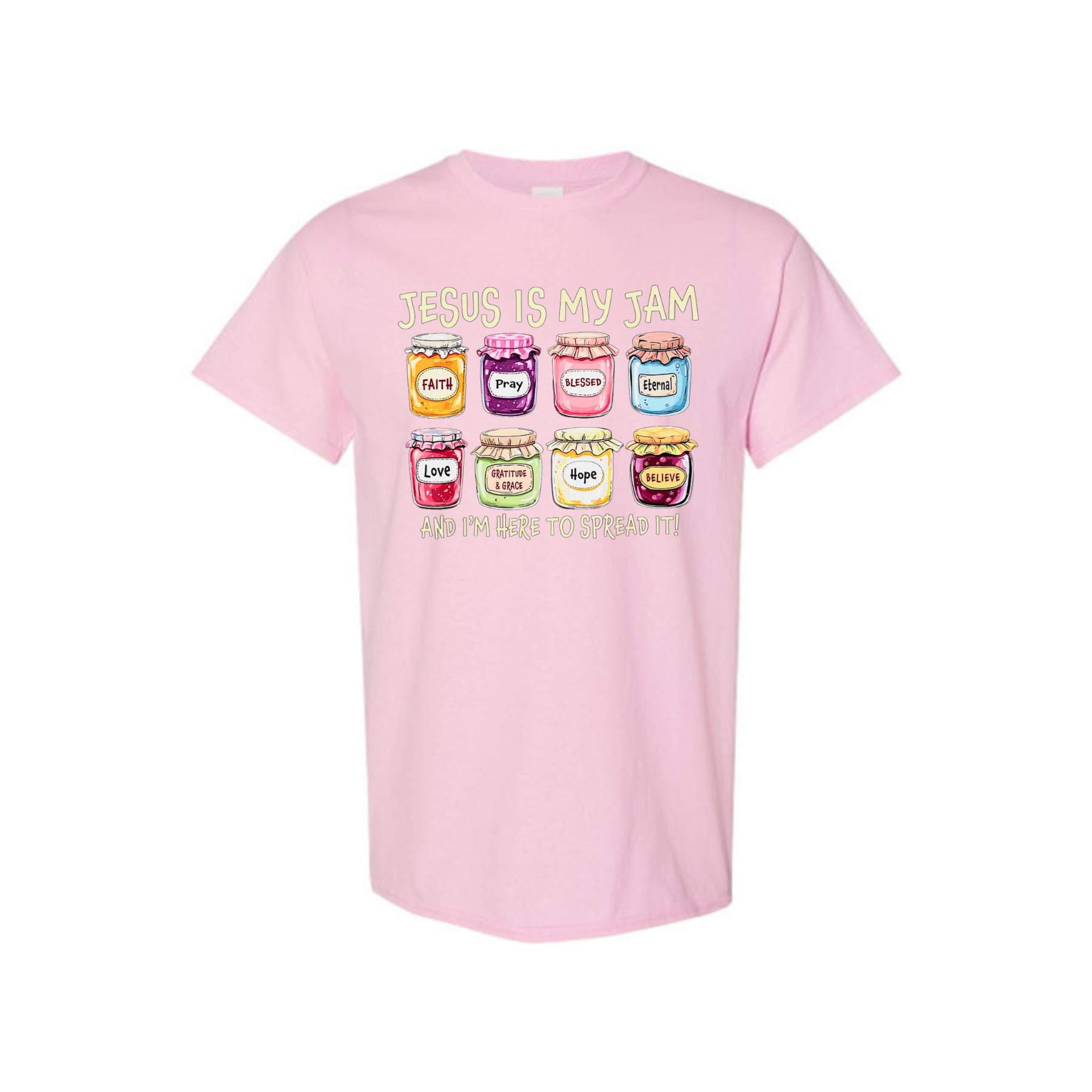 Light pink unisex T-shirt with 'Jesus Is My Jam' graphic and message