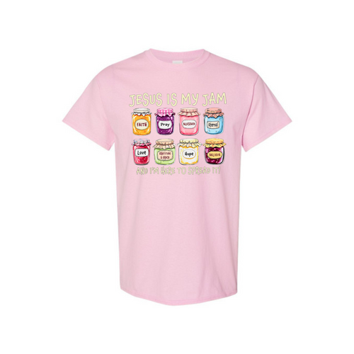 Light pink unisex T-shirt with 'Jesus Is My Jam' graphic and message