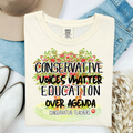 Ivory Comfort Colors T-shirt with colorful education graphic and slogan over agenda