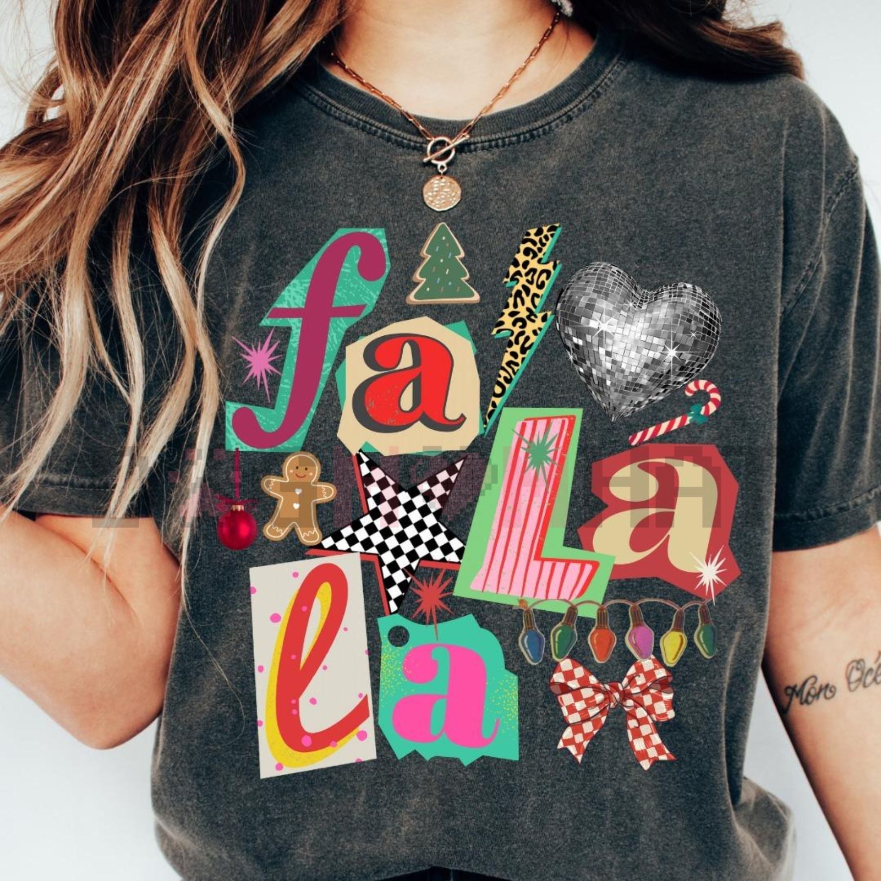 Dark heather gray T-shirt with colorful “Fa la La” collage and mirrored heart graphic