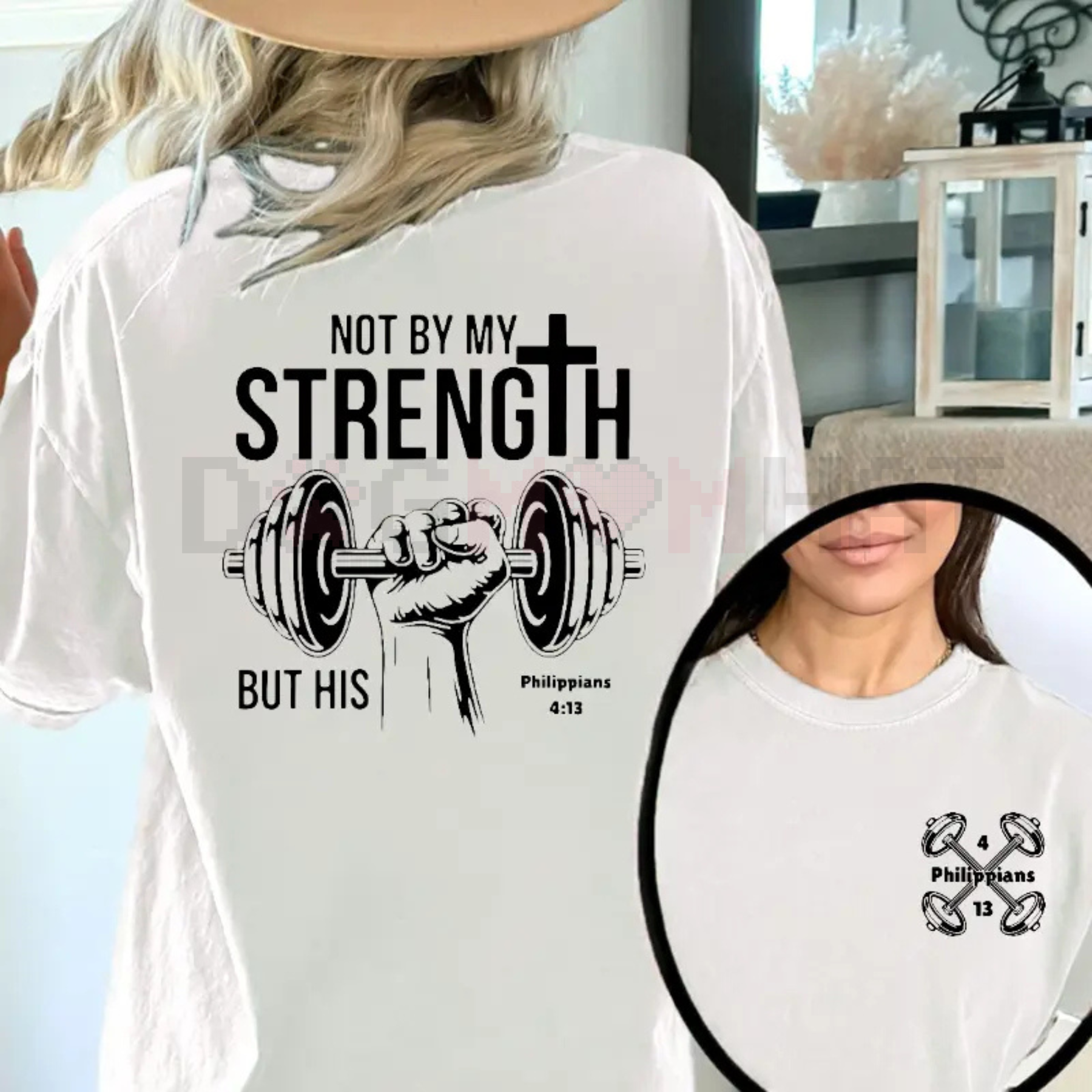 White Christian graphic t-shirt with strength scripture cross and barbell print