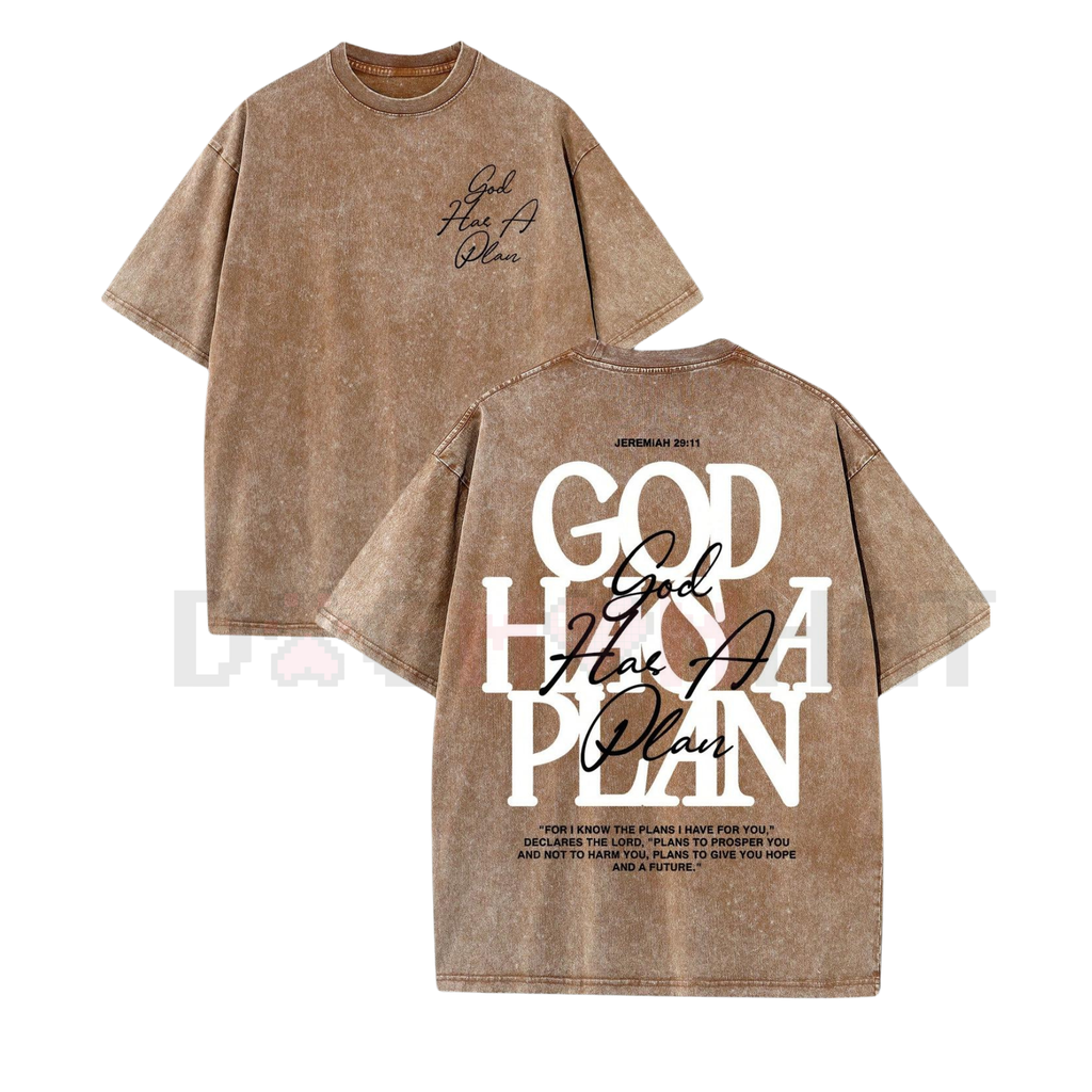 Brown washed crew-neck tee with 'God Has A Plan' front and back graphic, short sleeve