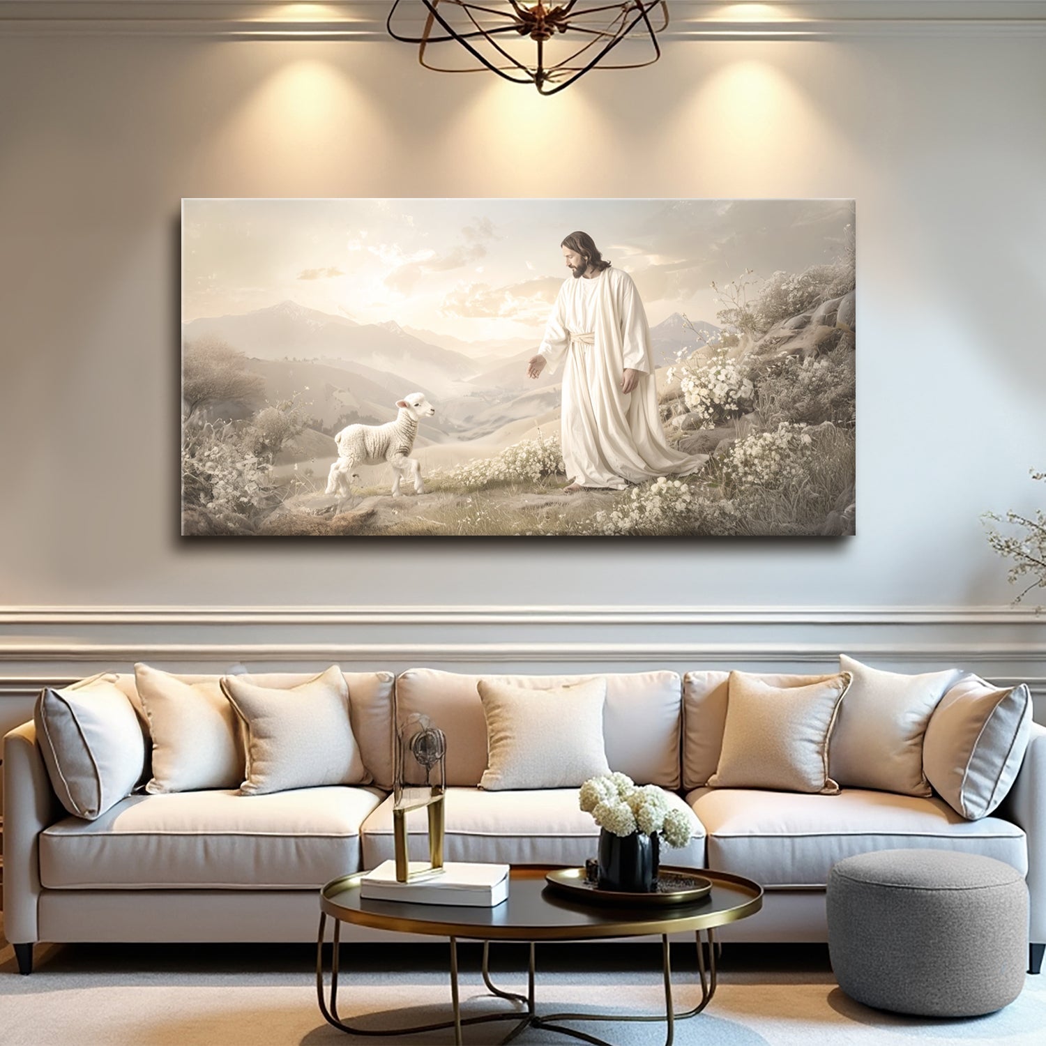 Religious canvas wall art of Jesus in white robe with a lamb on a hillside
