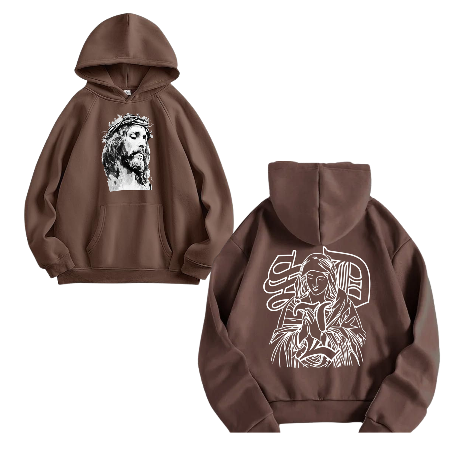 Brown hoodie with bearded portrait graphic on chest and line-art on back
