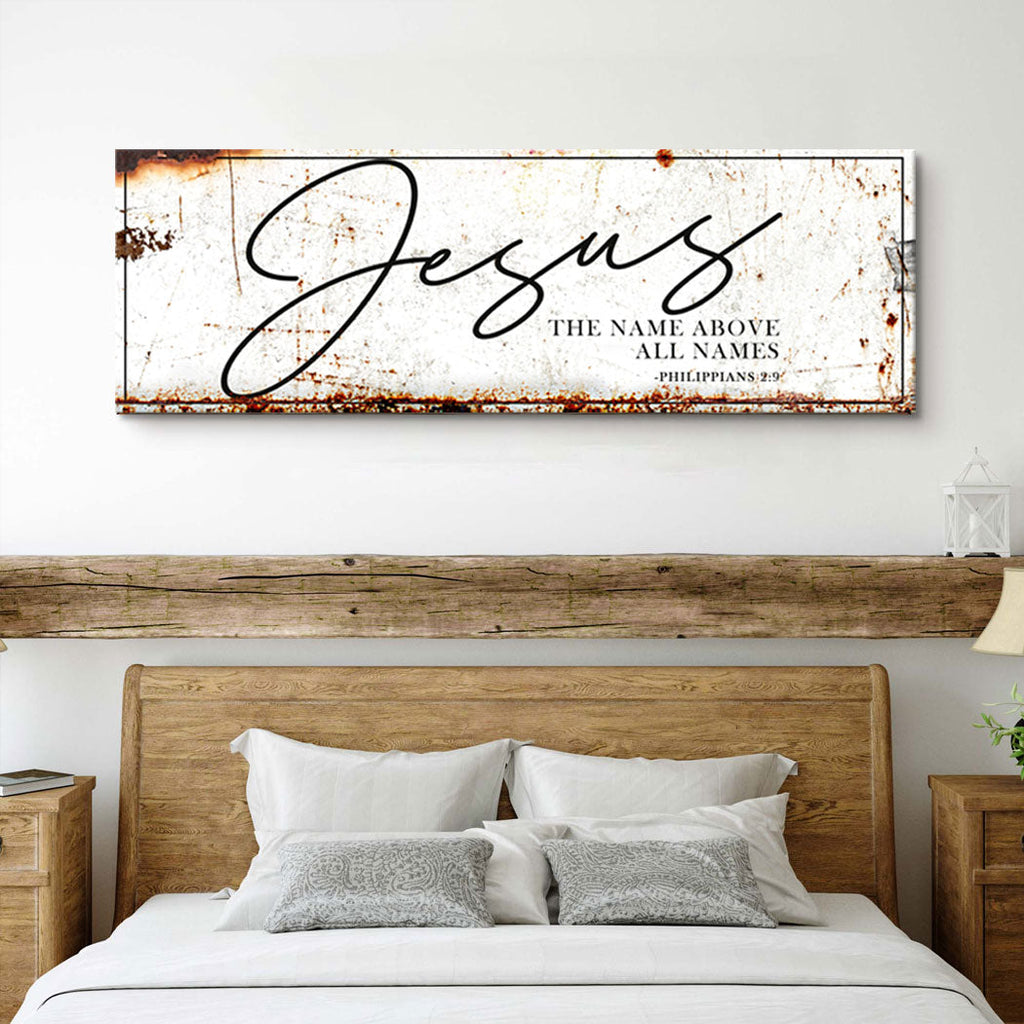 Jesus canvas wall art above bed, rust-edged border and scripture text