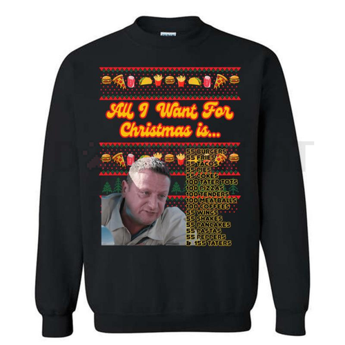 Black crewneck sweatshirt with colorful Christmas food-themed front graphic