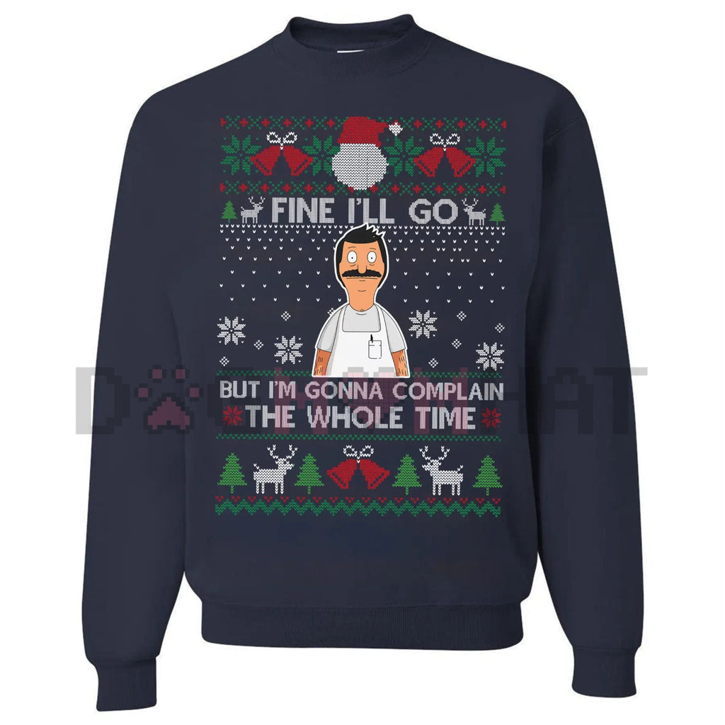 Navy crewneck holiday jumper with colorful festive front graphic and lettering