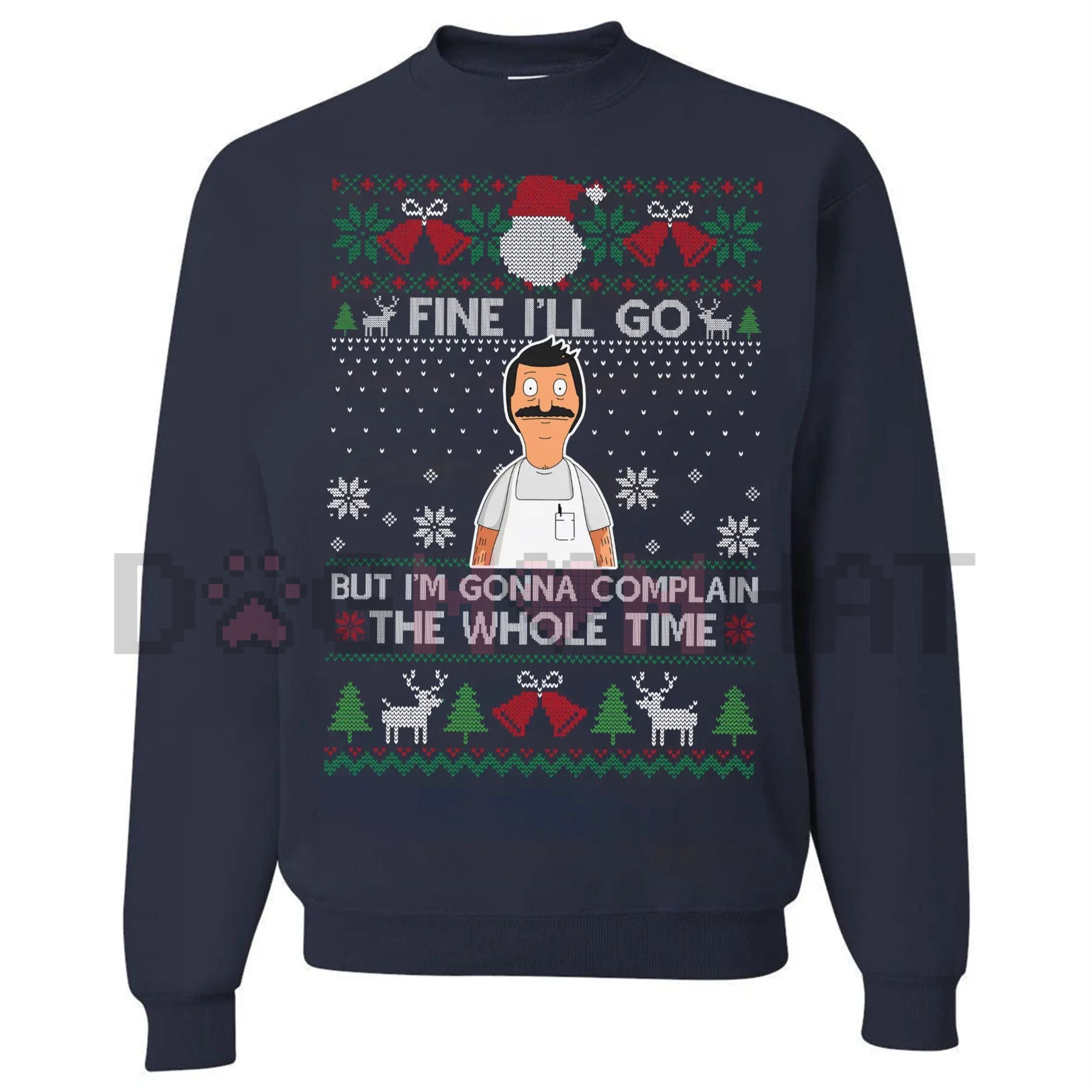 Navy crewneck holiday jumper with colorful festive front graphic and lettering