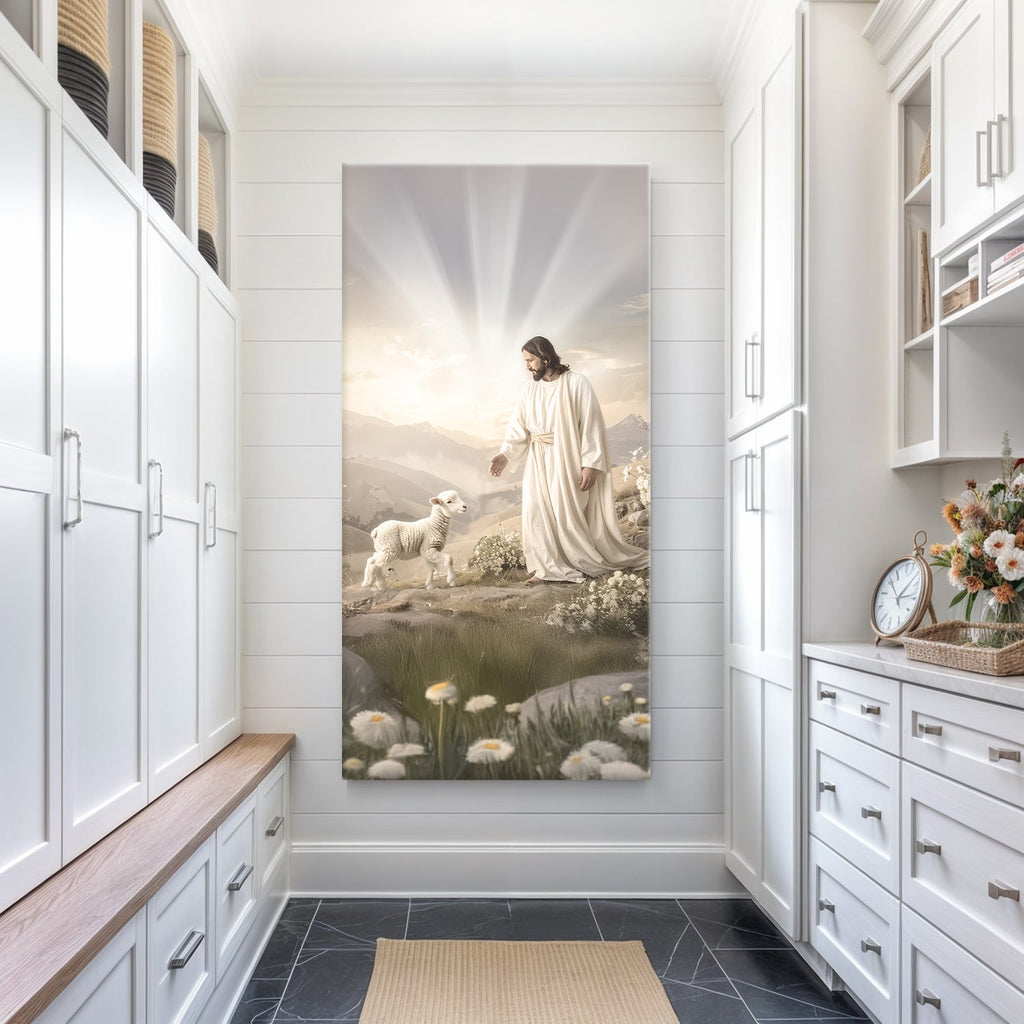 Faith wall art canvas showing Jesus in a white robe with lambs among flowers