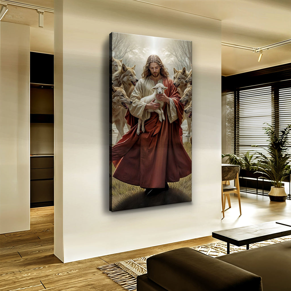 Faith wall art canvas of Jesus holding a lamb while wolves surround him