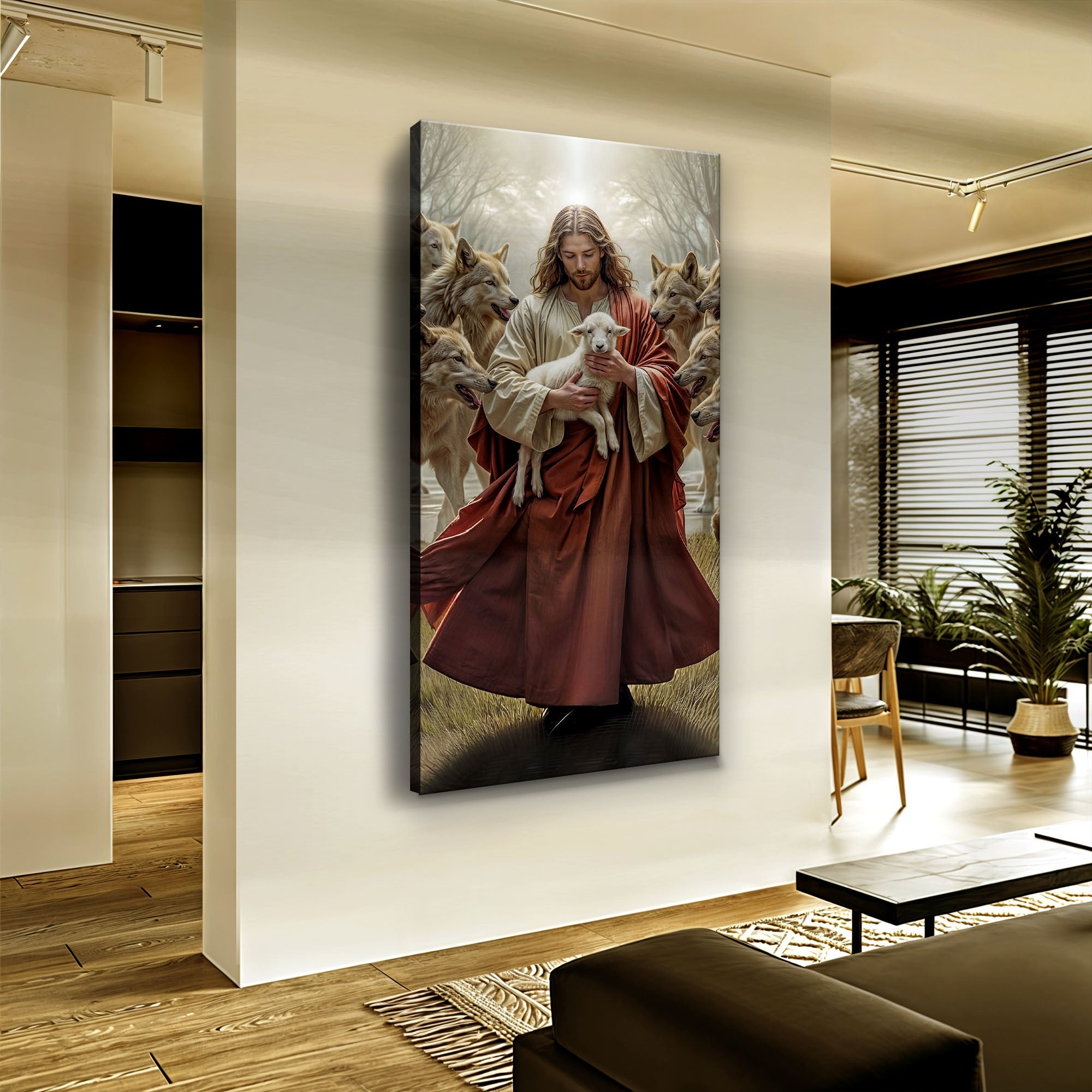 Faith wall art canvas of Jesus holding a lamb while wolves surround him