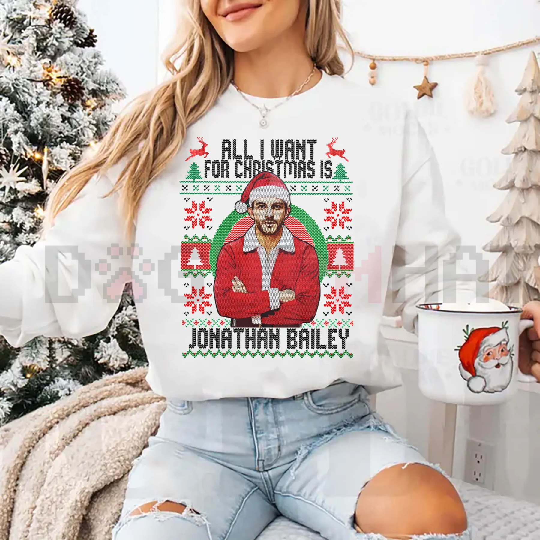 White crewneck sweatshirt with holiday graphic portrait and text on front.