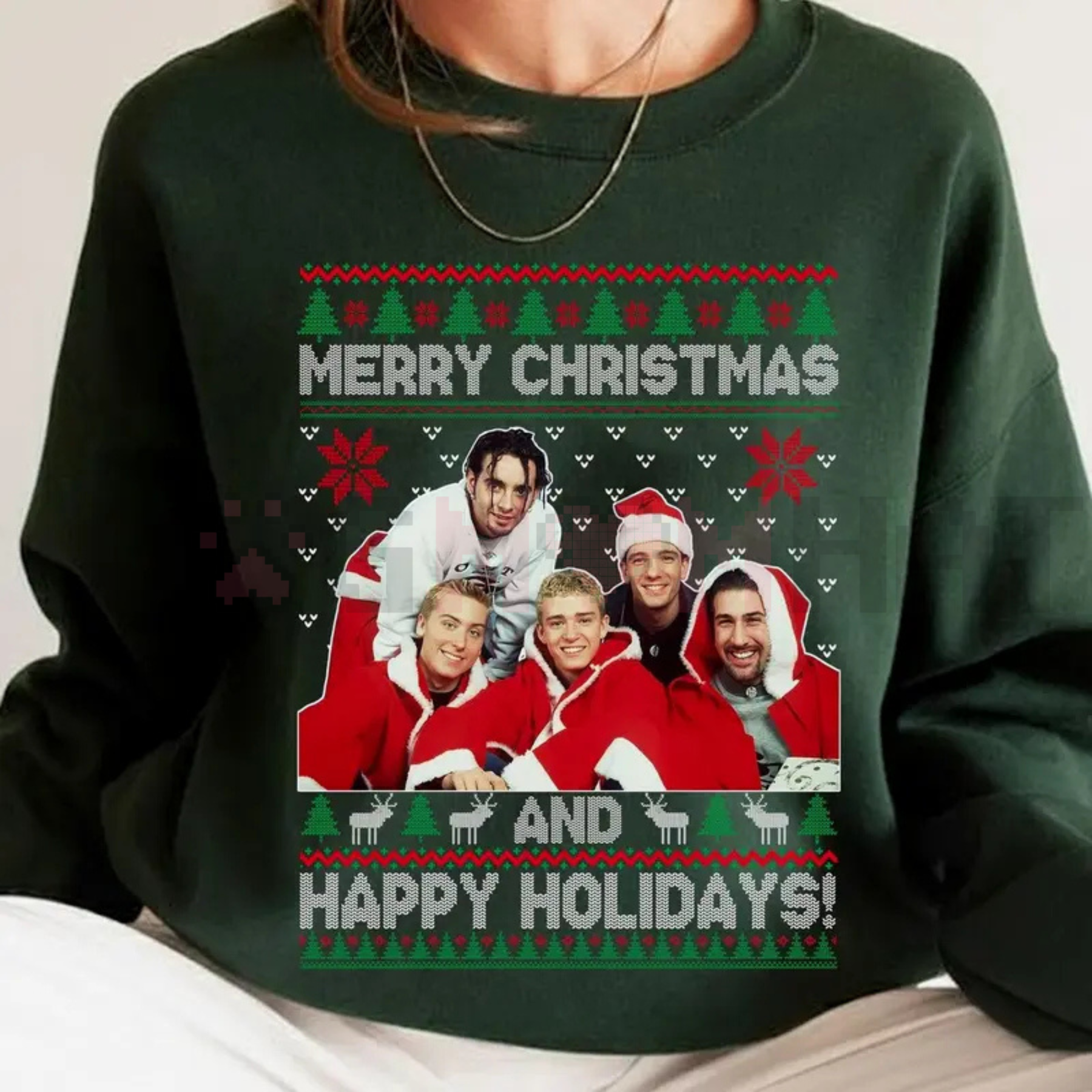 Dark green crewneck sweatshirt with 'Merry Christmas' and 'Happy Holidays' front graphic