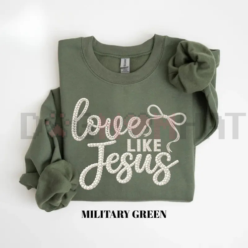 Military green crewneck sweatshirt with knot sleeves and glitter-style "Love Like Jesus" print