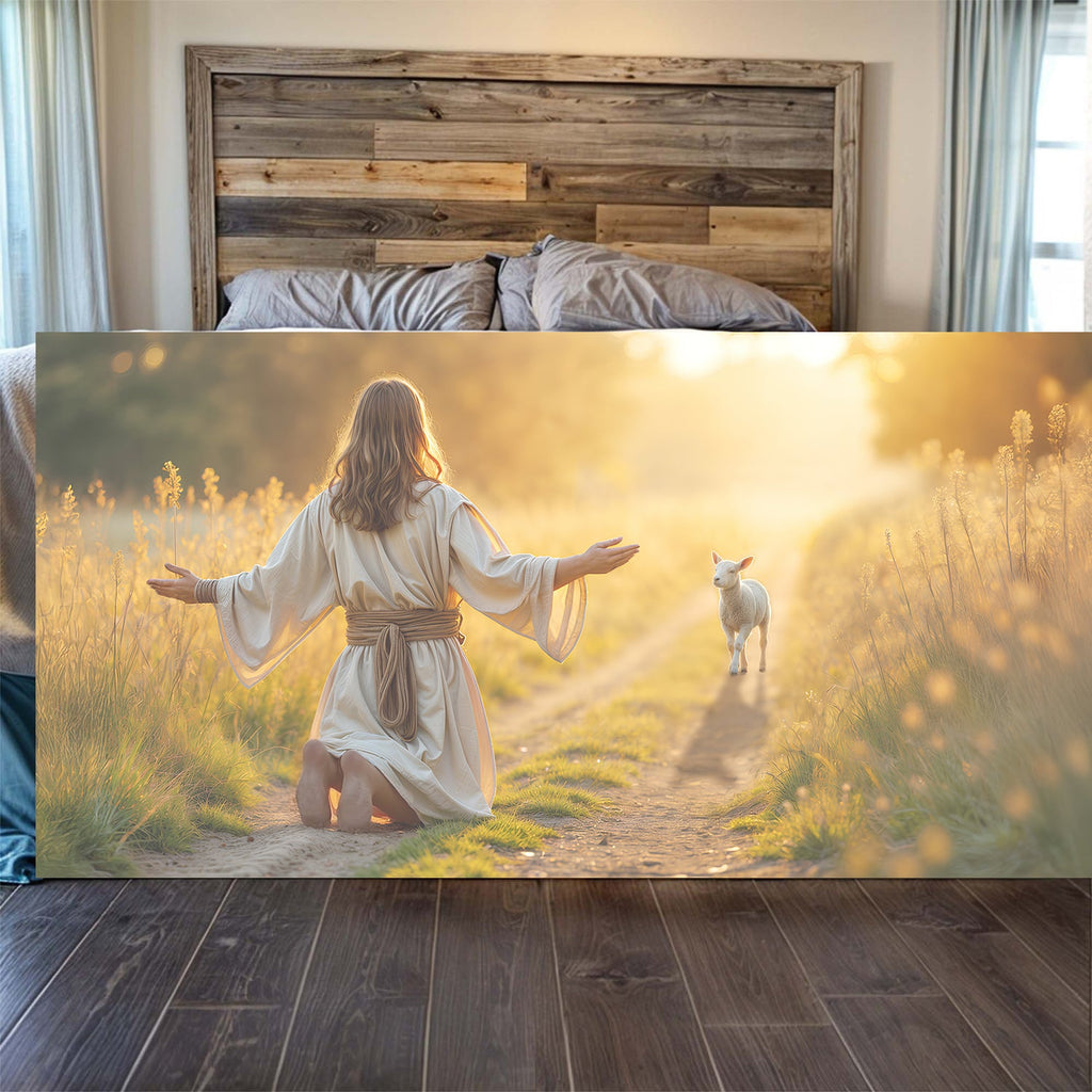 Landscape wall art canvas showing kneeling woman in white robe, arms out, with lamb