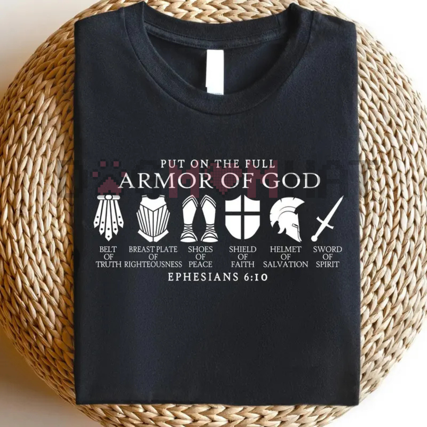 Black crewneck sweatshirt with Armor of God front graphic and Ephesians 6:10 text