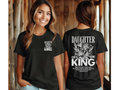 Black crewneck tee with “Daughter of the King” front and large floral back graphic