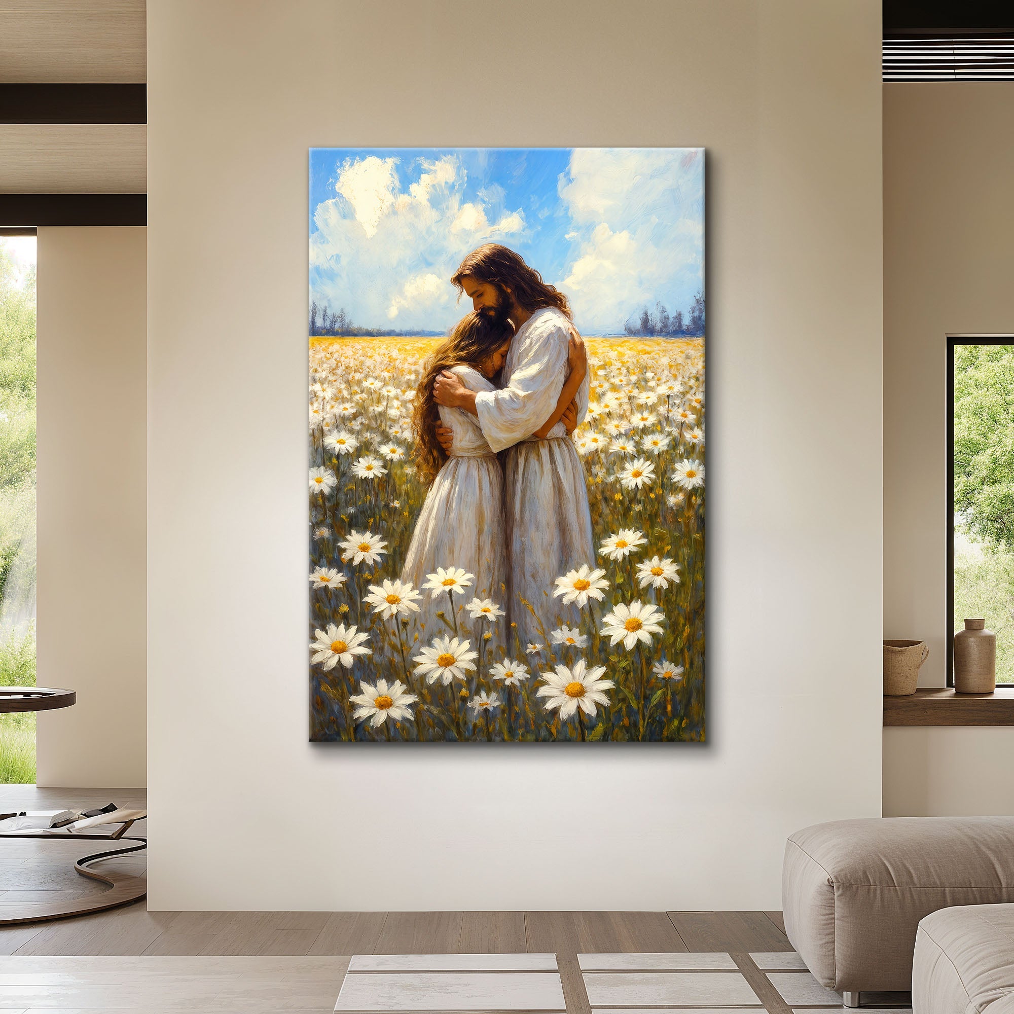 Faith wall art canvas showing Jesus holding a woman in a golden daisy field