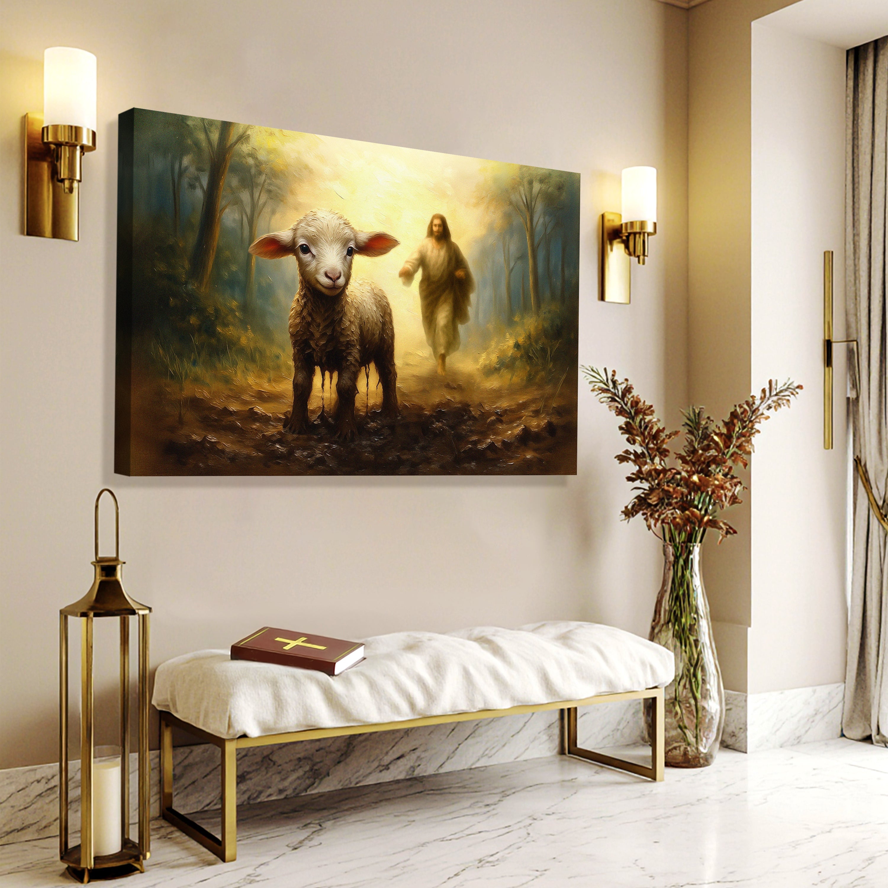 Religious wall art canvas featuring a lamb and Jesus in a misty woodland
