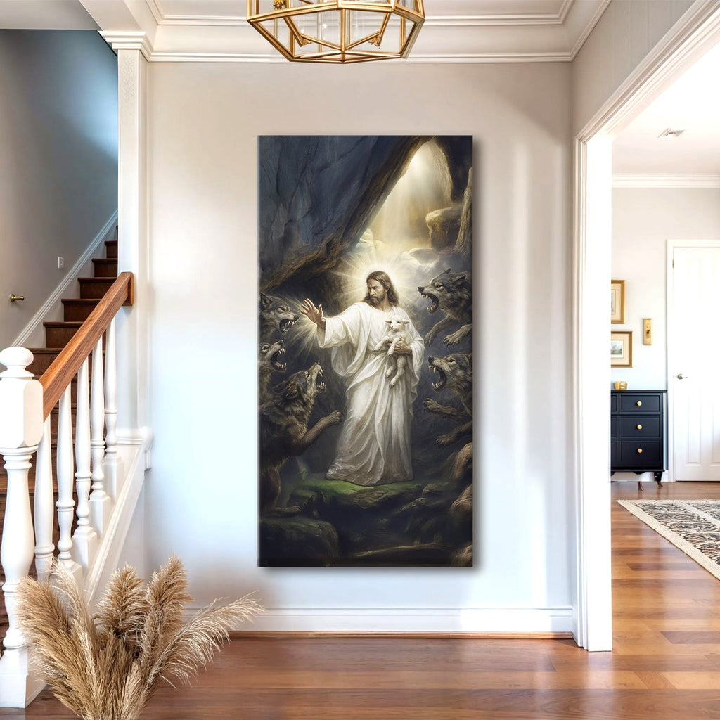 Vertical Jesus and lamb canvas wall art with wolves, displayed on an interior wall