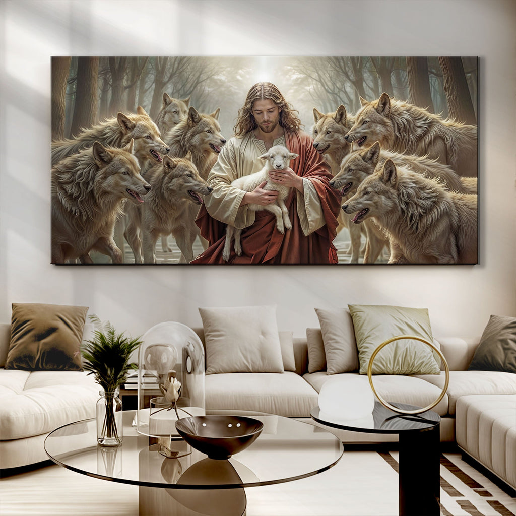 Christian wall art canvas with Jesus holding a white lamb amid surrounding wolves