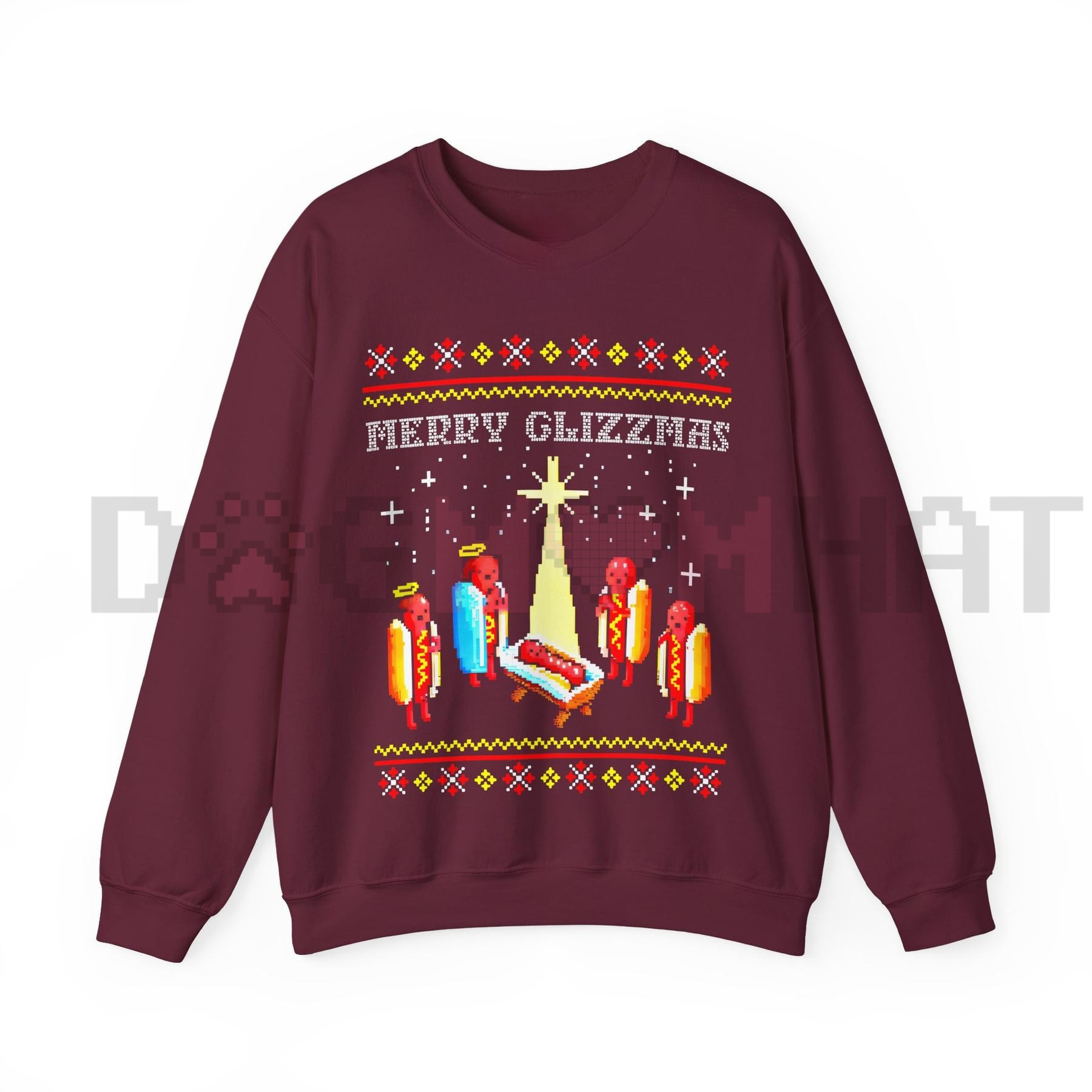 Maroon Christmas sweatshirt with 'Merry Glizzmas' and candle graphic