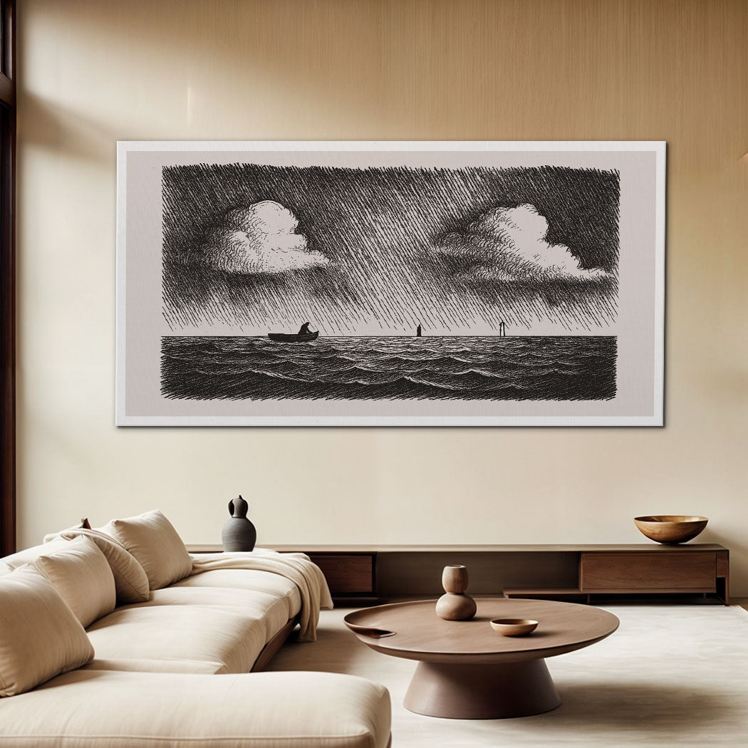 Framed monochrome canvas wall art with Jesus walking on water beneath dark clouds