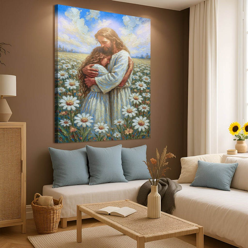 Jesus holding a child wall art canvas with daisies in a sunny sky scene