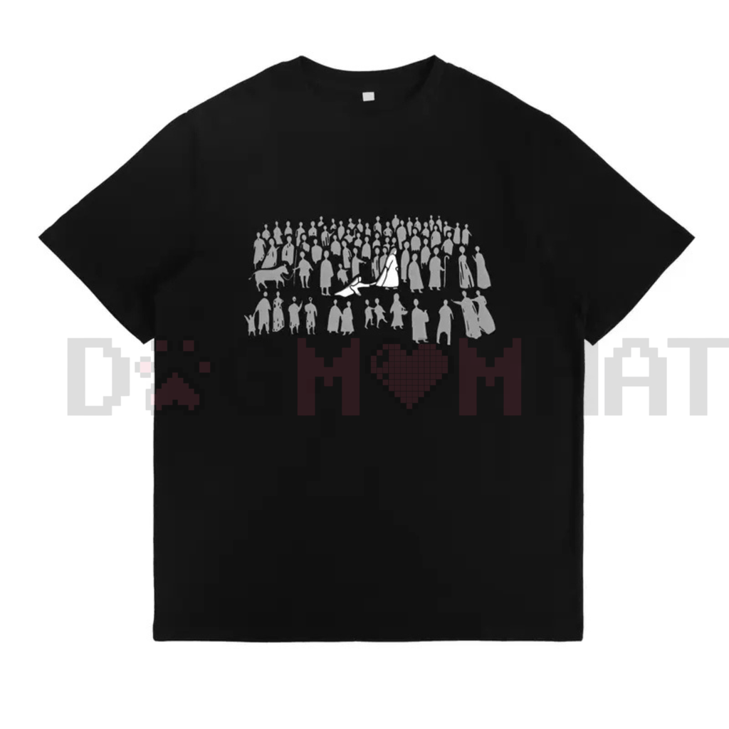 Black crewneck T-shirt with white group and heart graphic on front