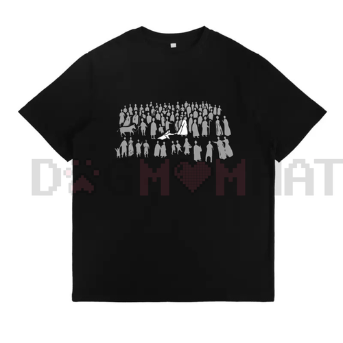 Black crewneck T-shirt with white group and heart graphic on front