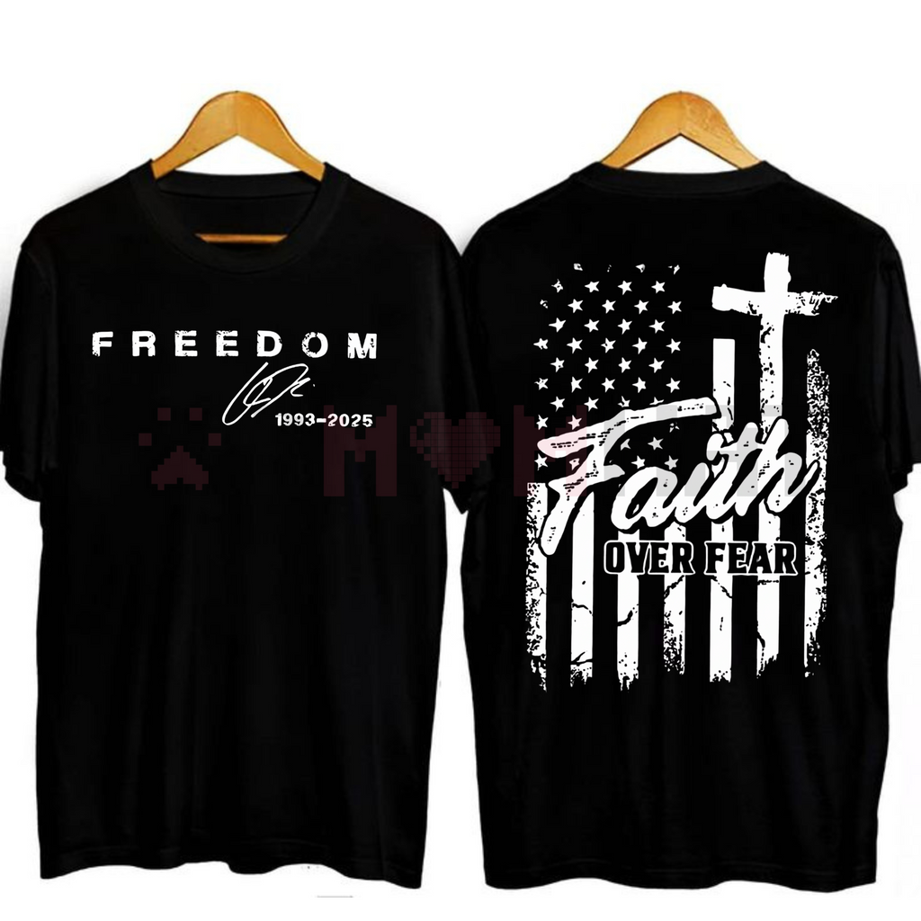 Black T-shirt with Freedom text heart pixel design and Faith over fear cross flag print