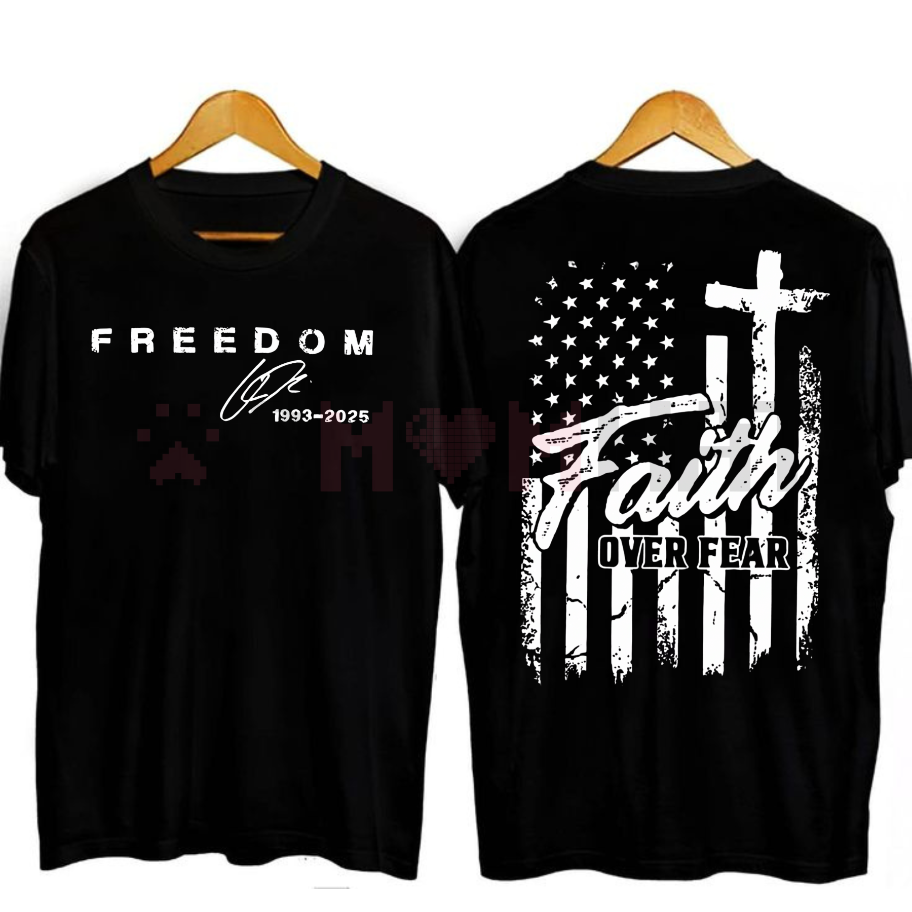 Black T-shirt with Freedom text heart pixel design and Faith over fear cross flag print